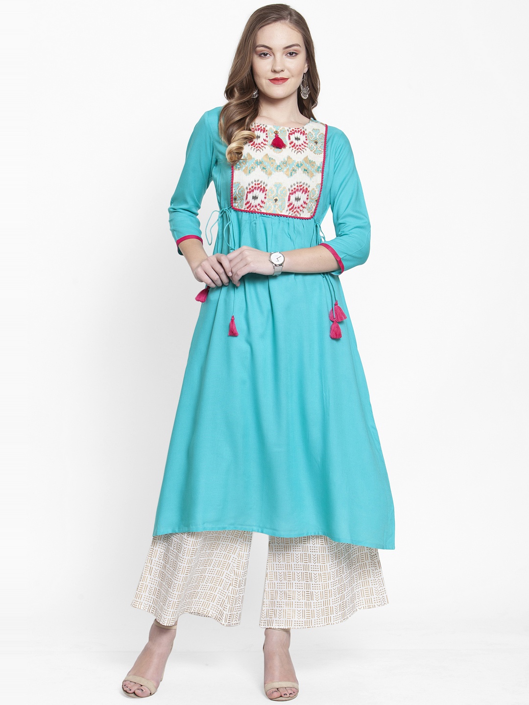 

Varanga Women Turquoise Blue & Gold-Toned Yoke Design Kurta Printed Straight Palazzo