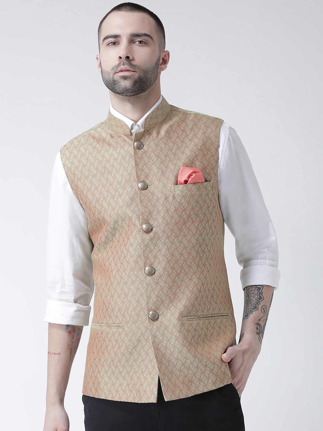 

KISAH Men Rose Gold-Toned Woven Design Nehru Jacket