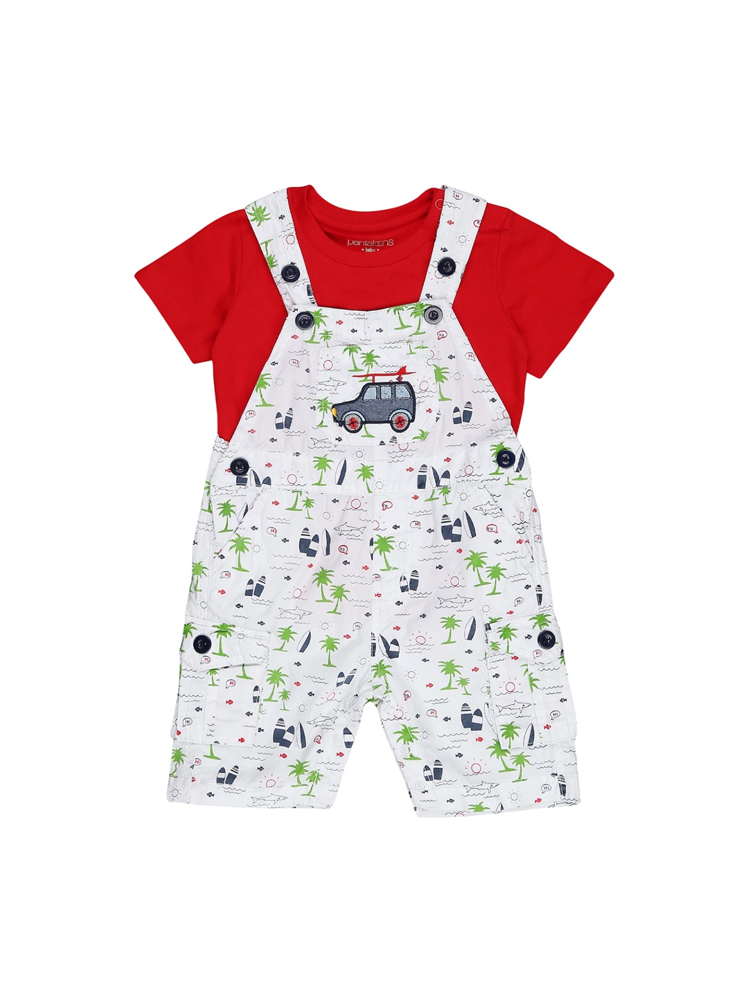 

Pantaloons Baby Boys Red & White Solid T-shirt with Printed Dungarees