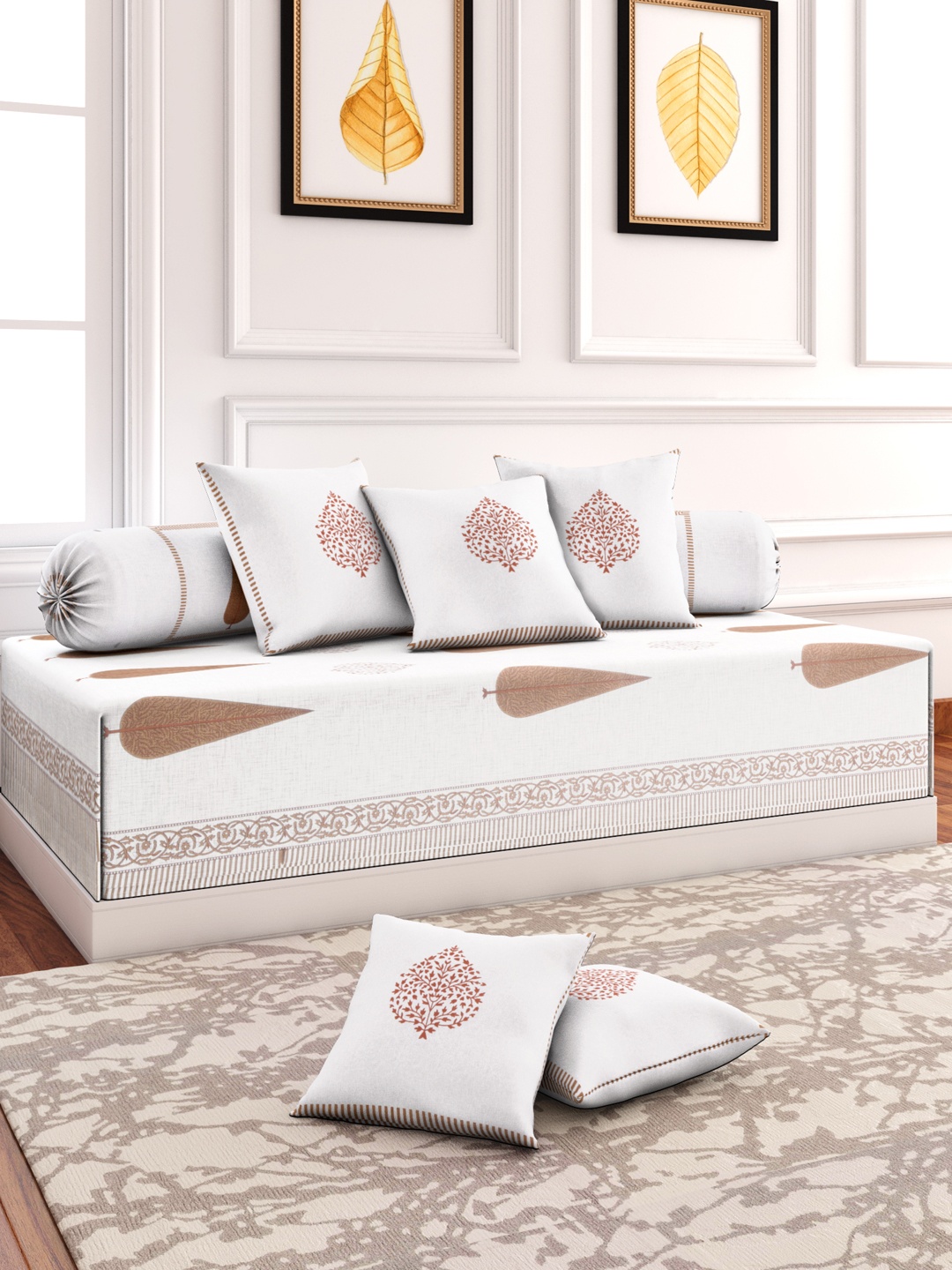 

Rajasthan Decor White Set of 8 Printed Diwan Set