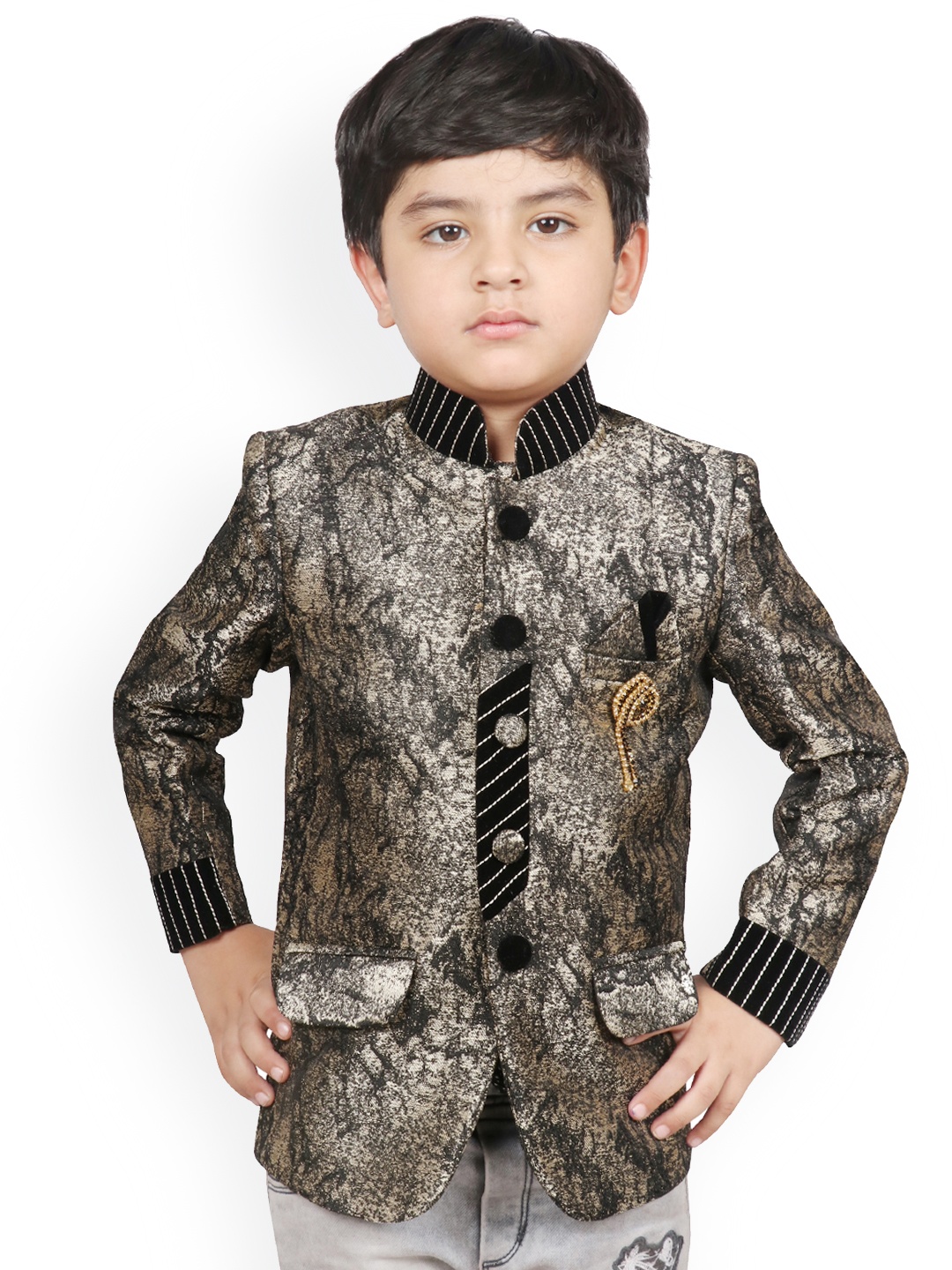 

SG YUVRAJ Boys Black Self-Design Regular-Fit Bandhgala Blazer