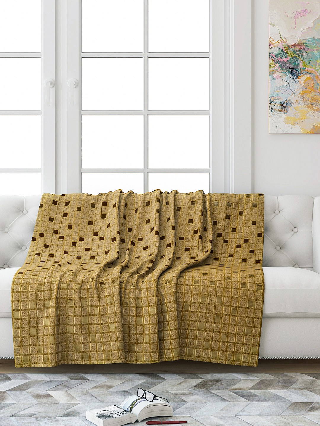 

Saral Home Gold-Toned Checked 3 Seaters Decorative Sofa Throw