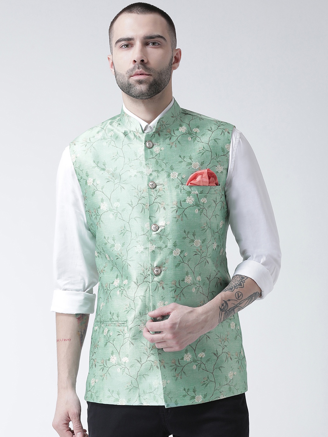

KISAH Men Green Printed Nehru Jacket