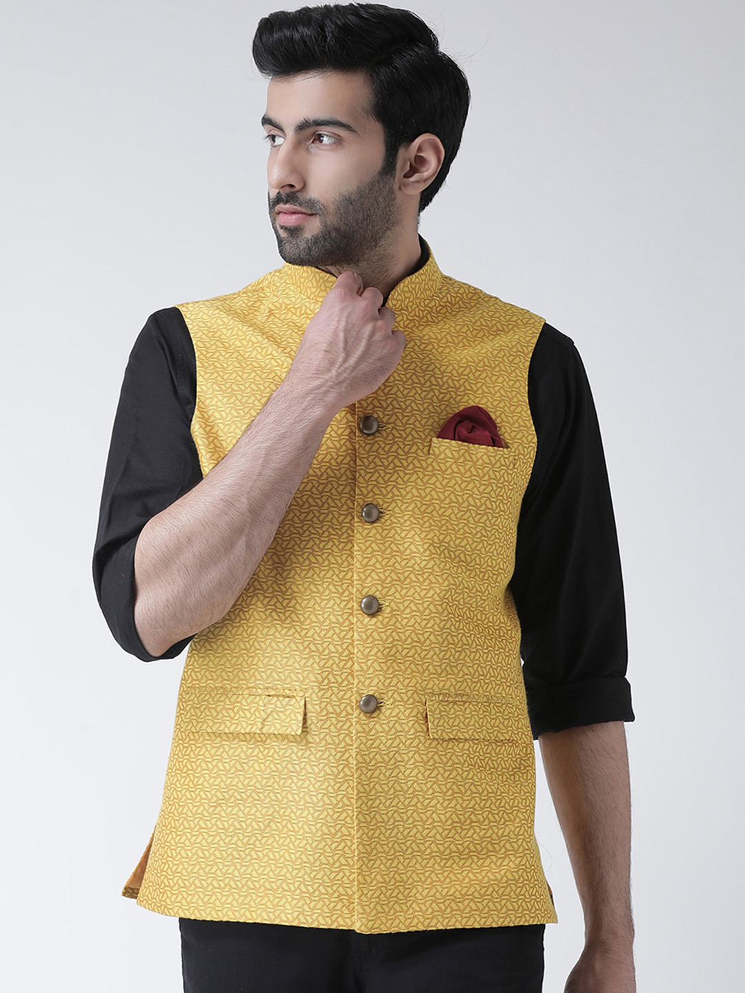 

KISAH Men Yellow Woven Design Nehru Jacket