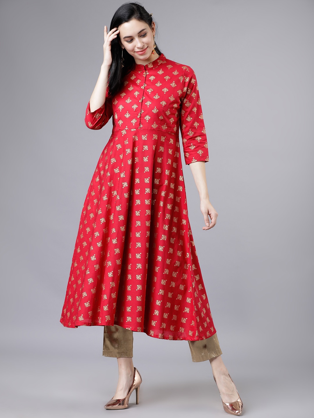 

Vishudh Women Red & Golden Printed A-Line Kurta