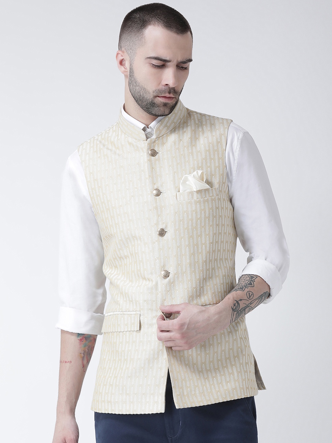 

KISAH Men Cream Woven Design Nehru Jacket