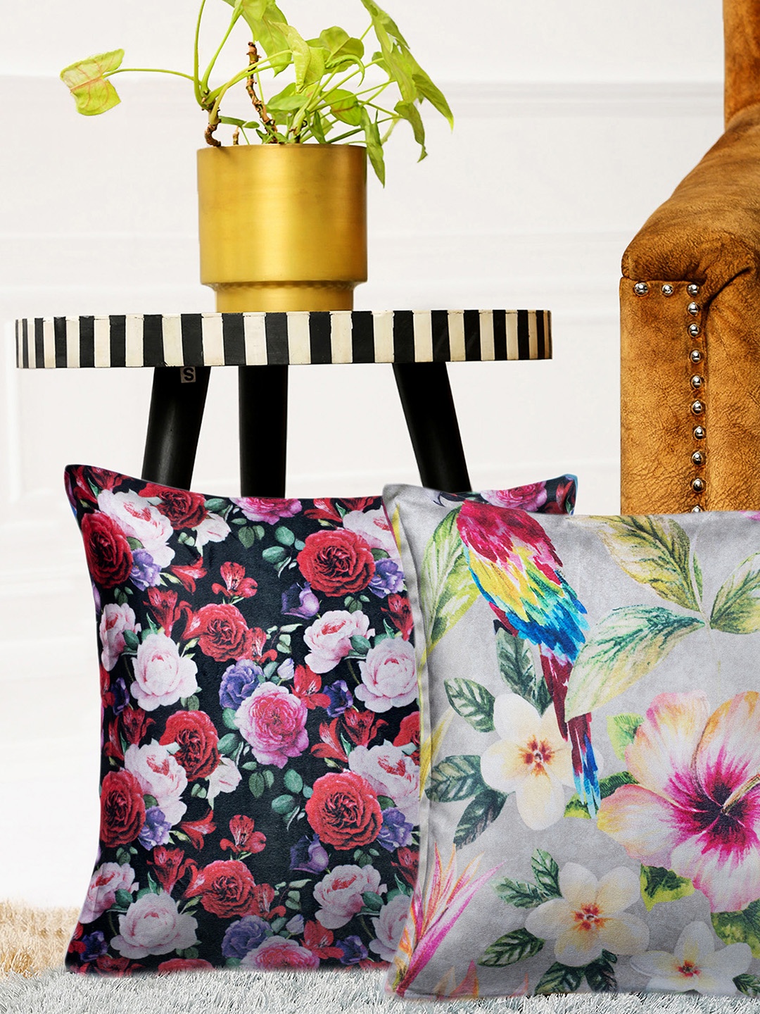 HOUZZCODE Set of 2 Floral Square Cushion Covers, Multi