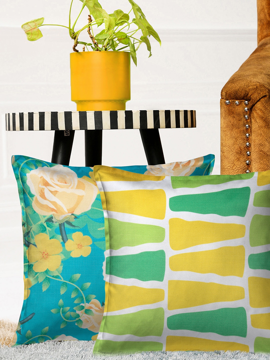 HOUZZCODE Yellow Set of 2 Printed Square Cushion Covers