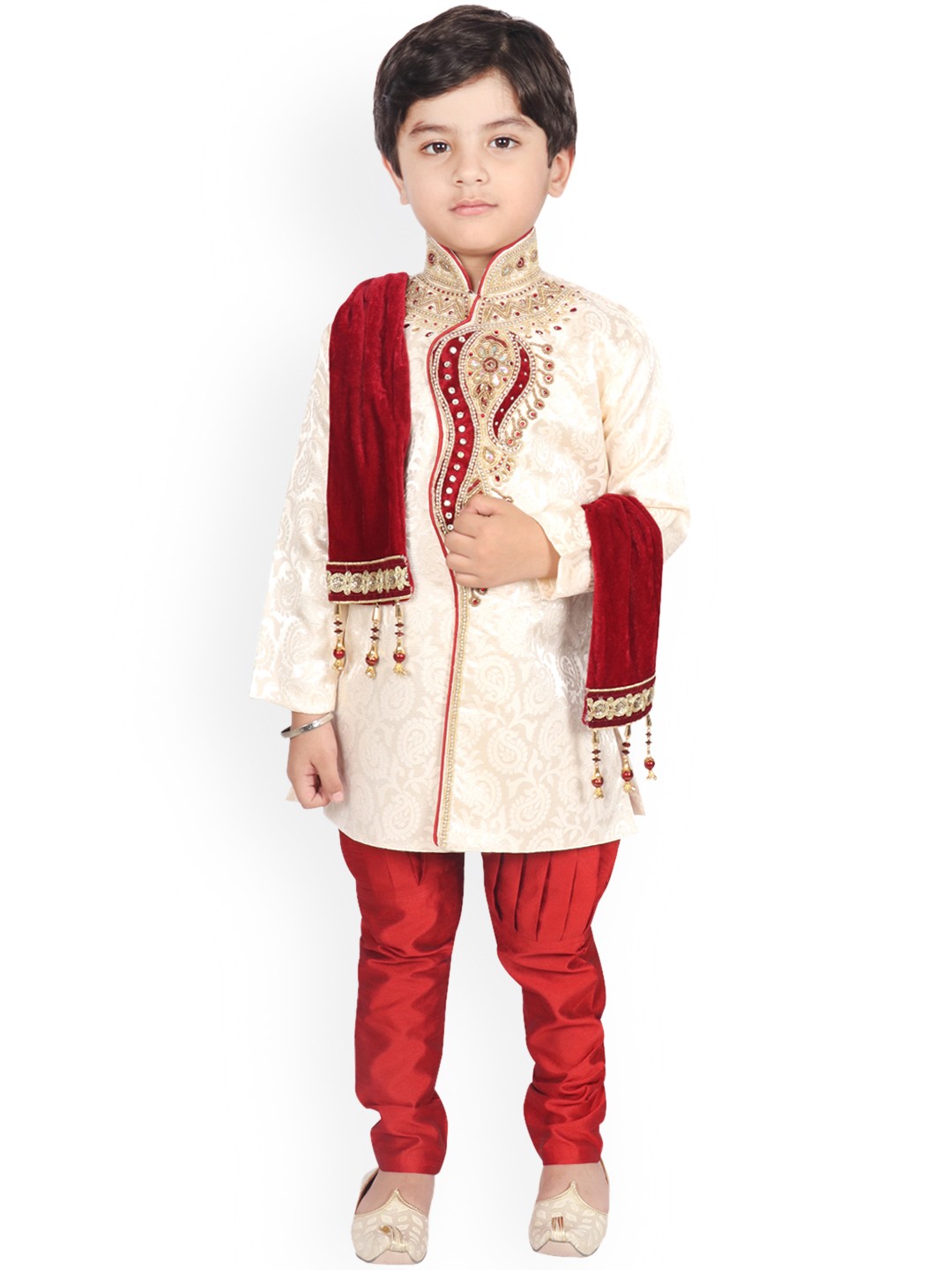 

SG YUVRAJ SHERWANI Boys Cream & Red Sherwani Set