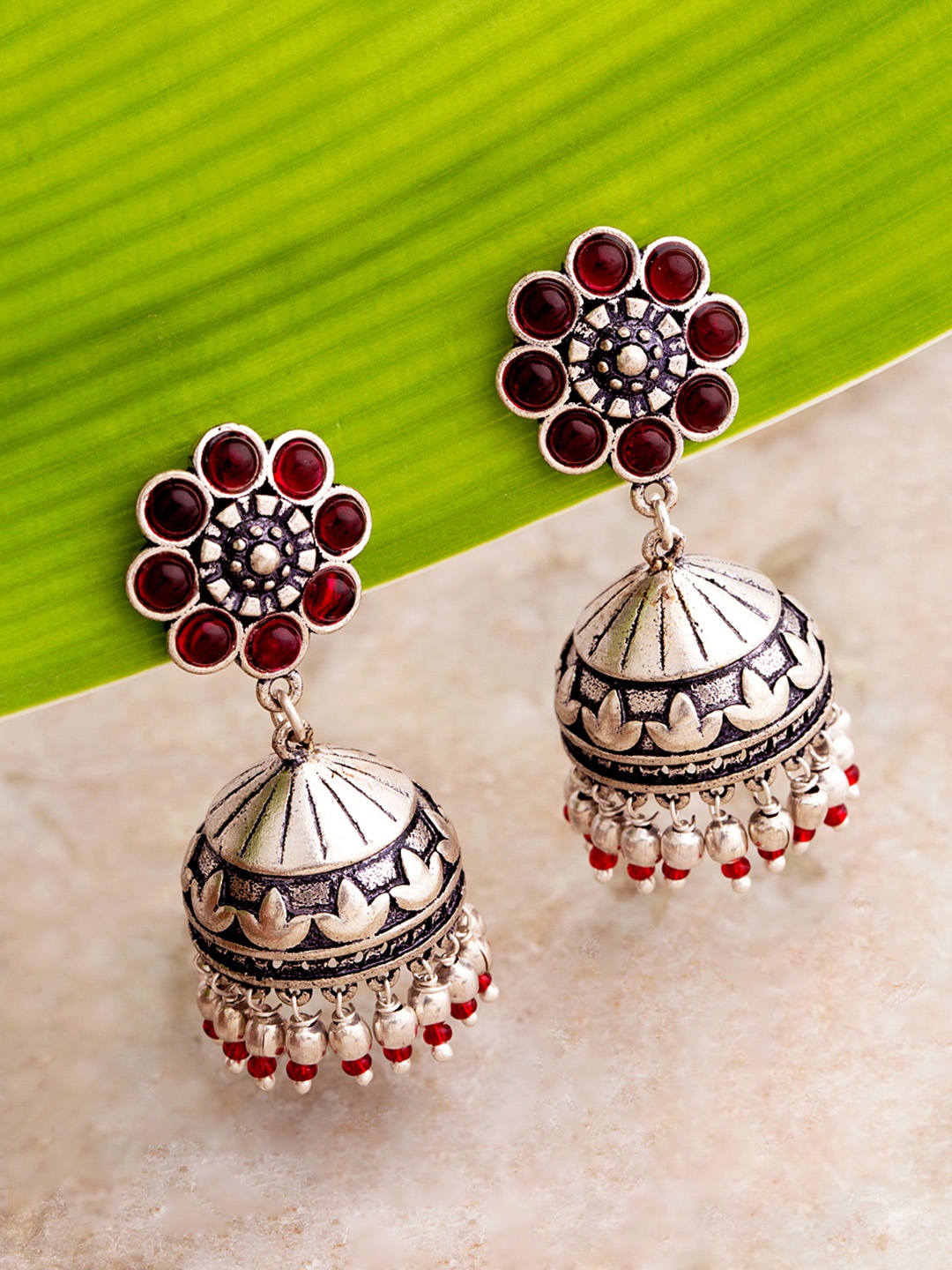 

Voylla Maroon Oxidised Silver-Plated Handcrafted Dome Shaped Jhumkas