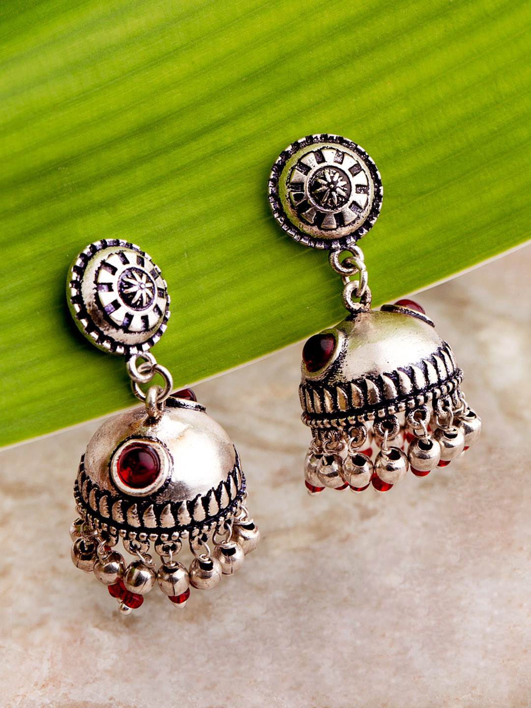 

Voylla Oxidised Silver-Plated Maroon Dome Shaped Stone-Studded Handcrafted Jhumkas