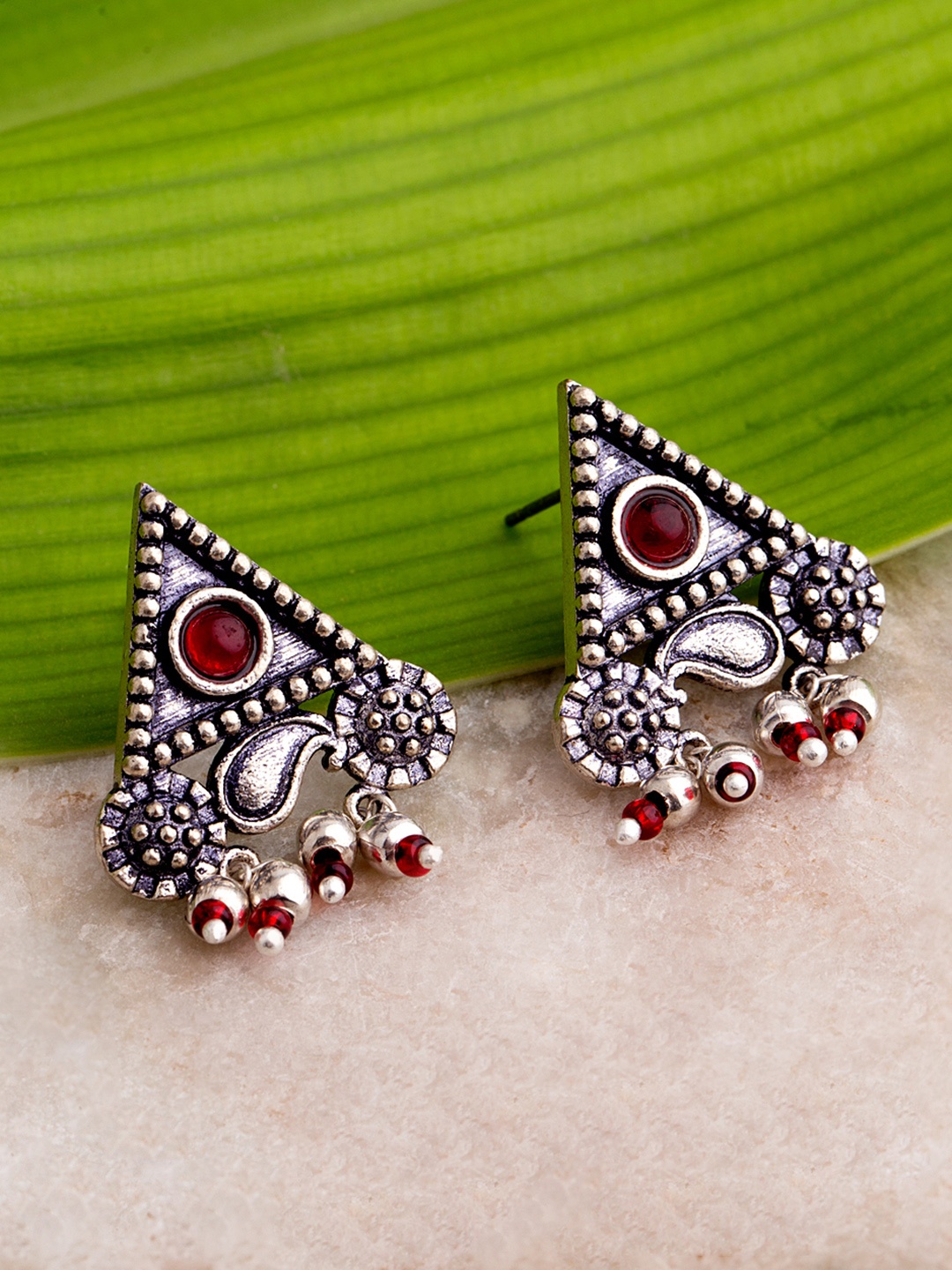 

Voylla Maroon Silver-Plated Triangular Drop Earrings
