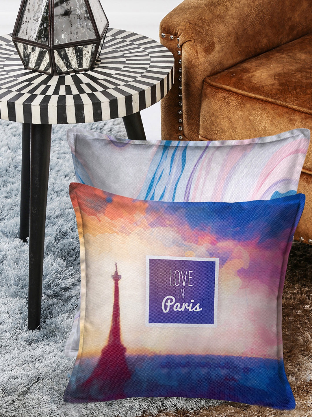 HOUZZCODE Multicoloured Set of 2 Abstract Square Cushion Covers, Multi