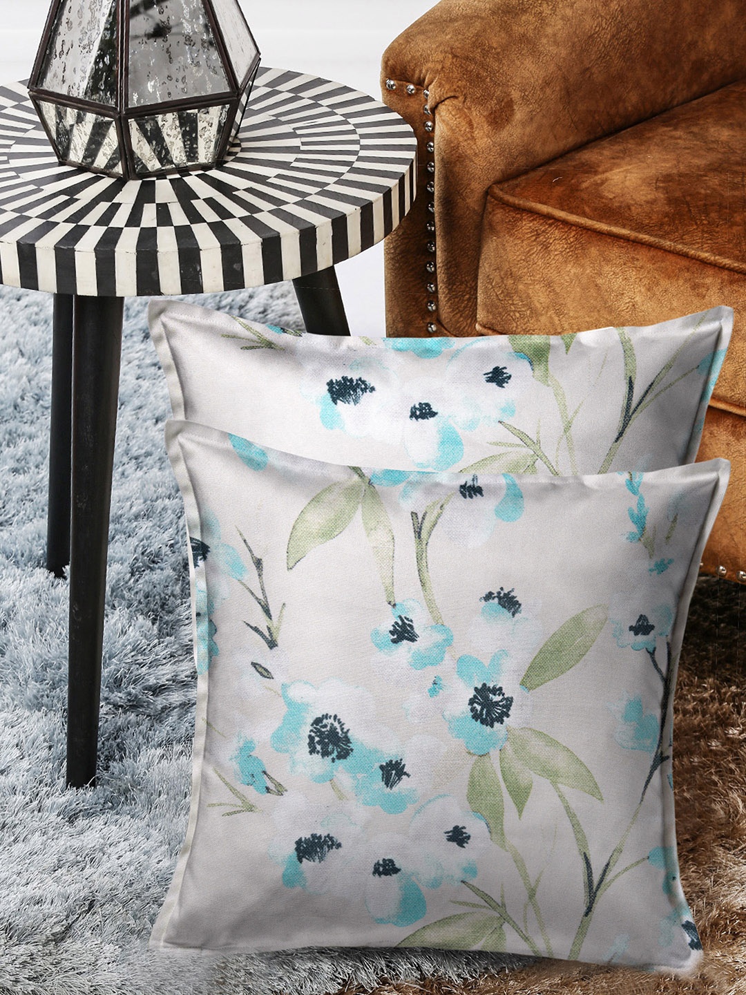 

HOUZZCODE Grey Set of 2 Floral Square Cushion Covers