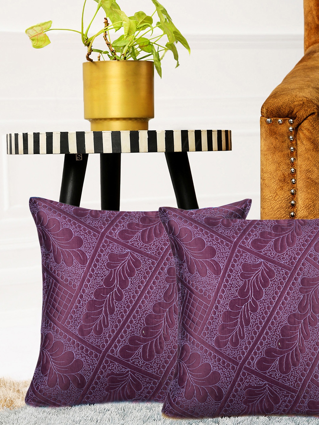 

HOUZZCODE Purple Set of 2 Self Design Square Cushion Covers