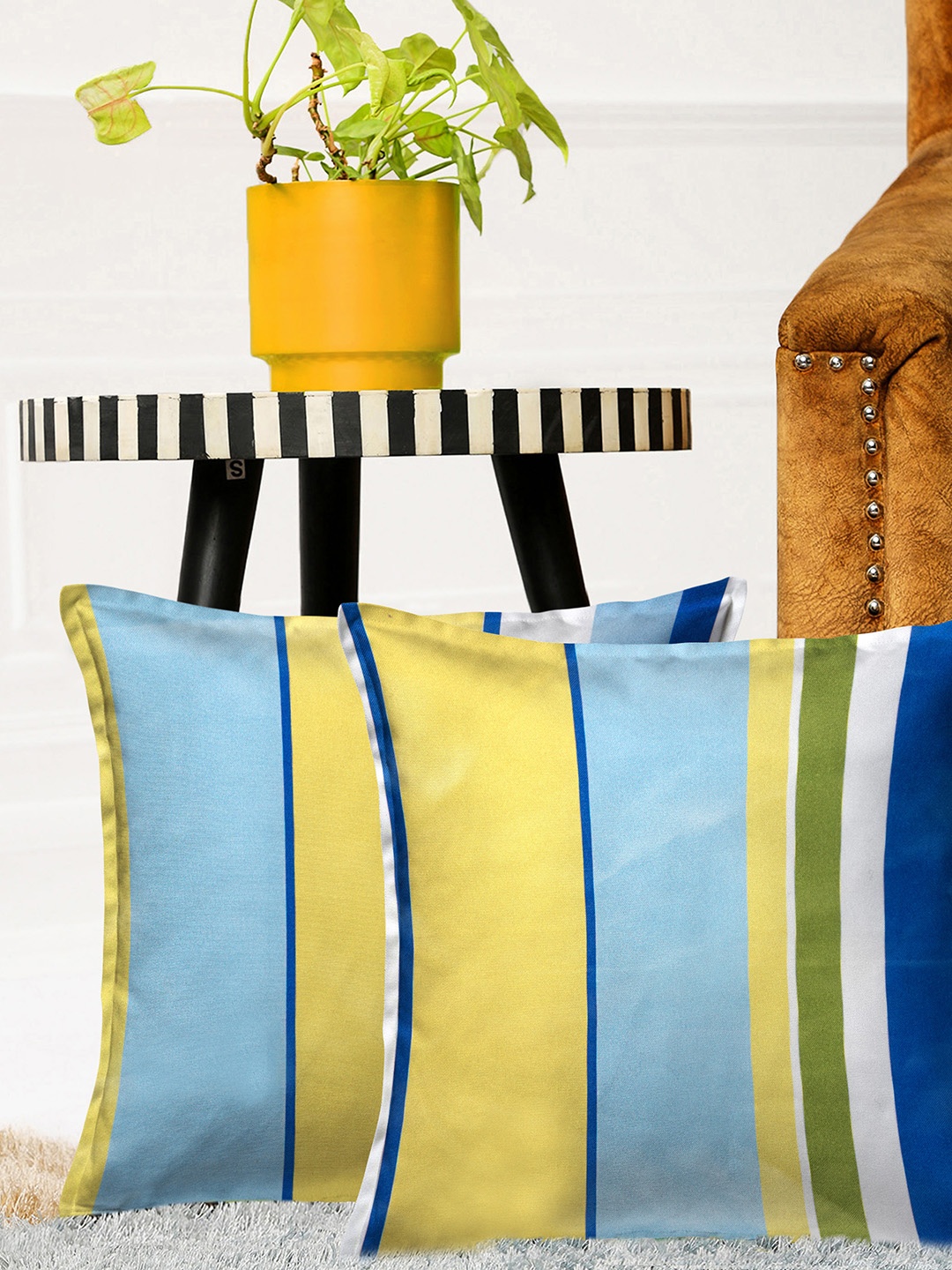 

HOUZZCODE Multicoloured Set of 2 Striped Square Cushion Covers, Multi