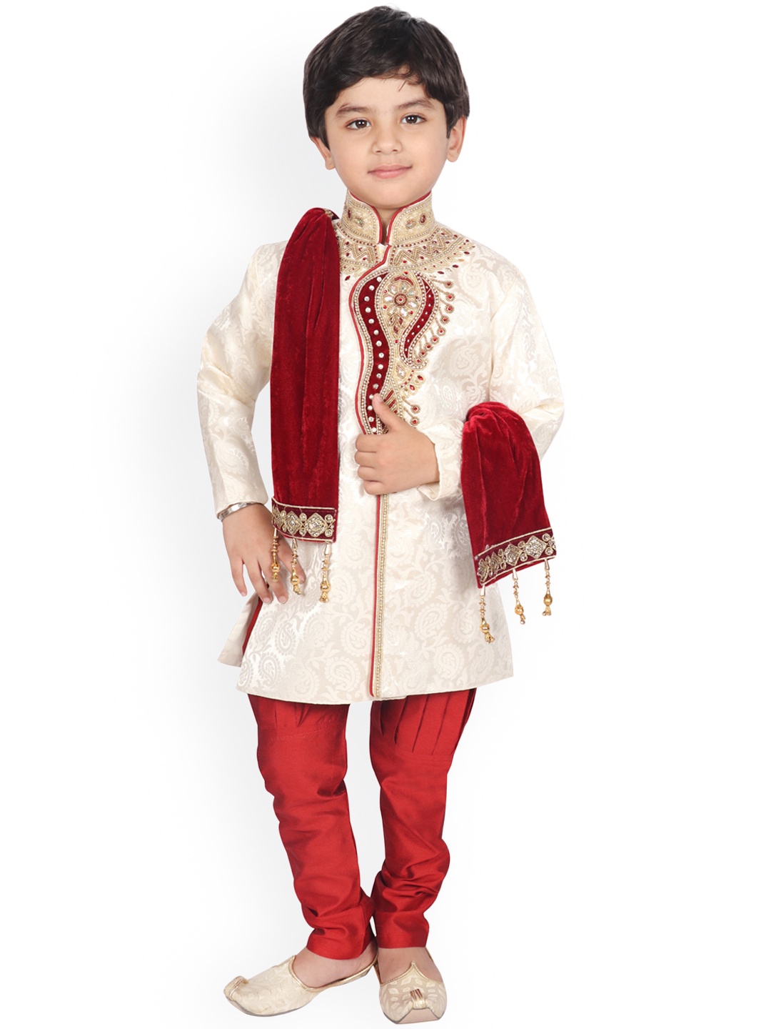 

SG YUVRAJ SHERWANI Boys White & Red Sherwani Set