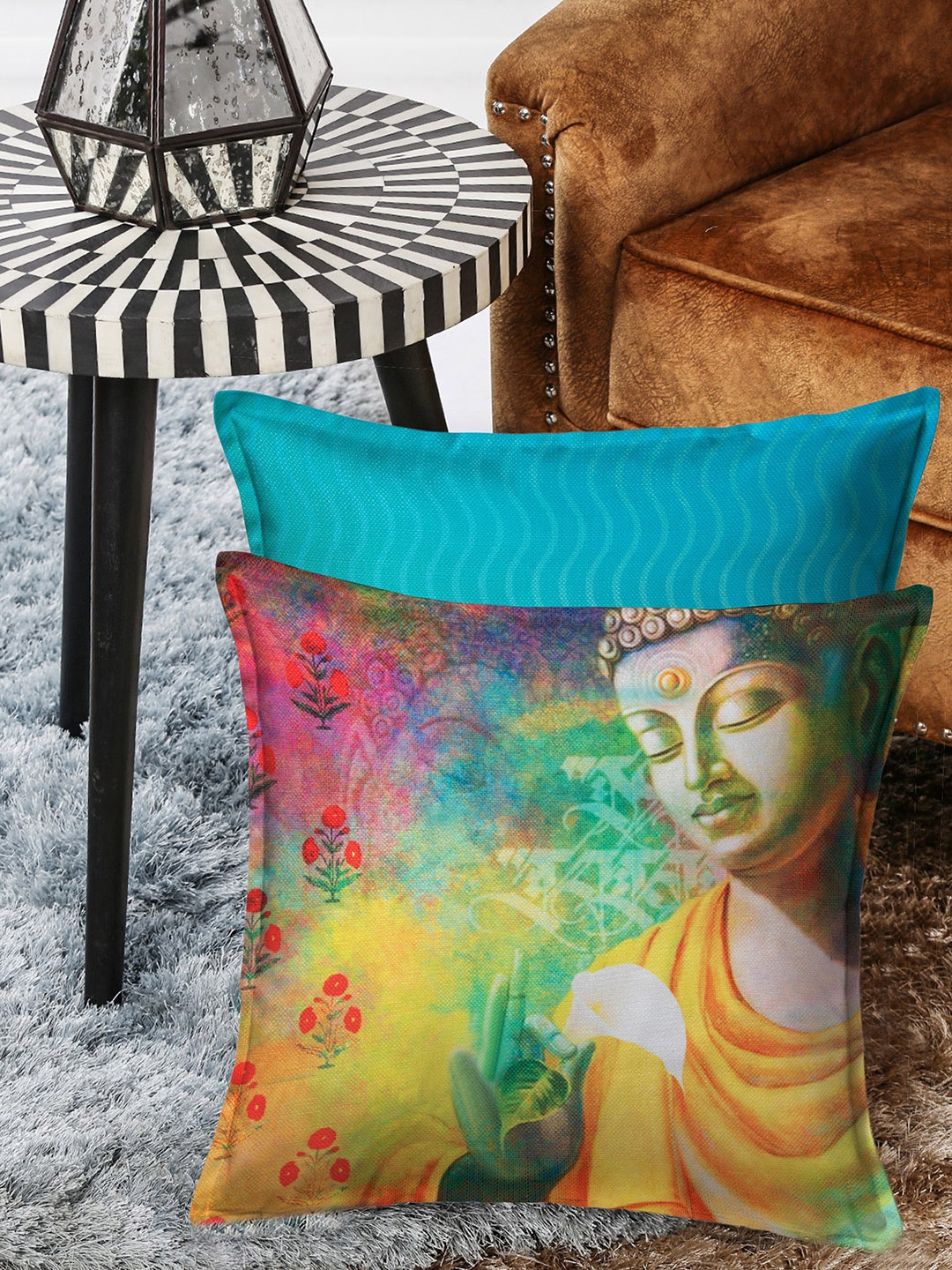 

HOUZZCODE Multicoloured Set of 2 Printed Square Cushion Covers, Multi