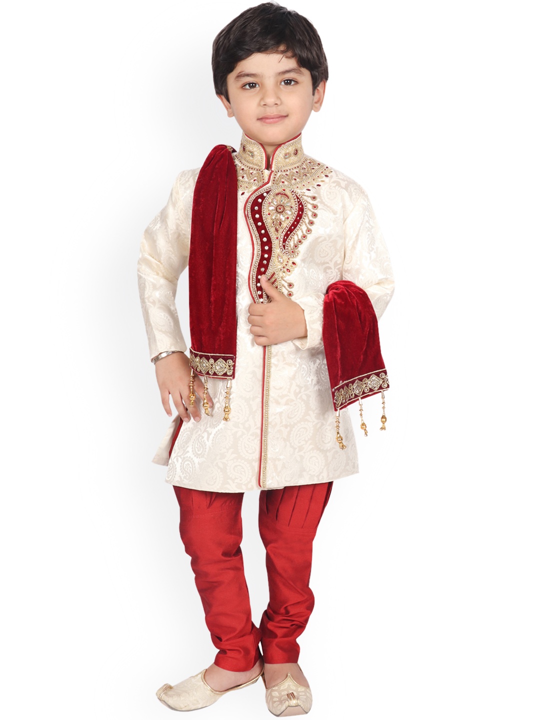 

SG YUVRAJ SHERWANI Boys White & Red Sherwani Set