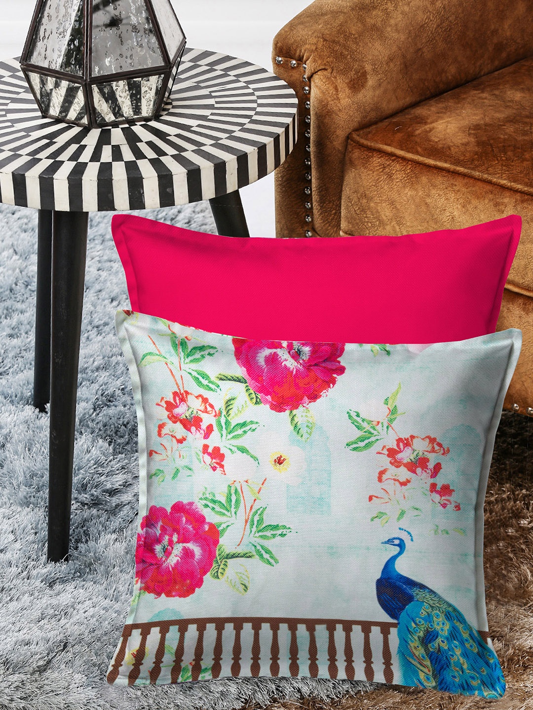 HOUZZCODE Multicoloured Set of 2 Floral Square Cushion Covers, Multi