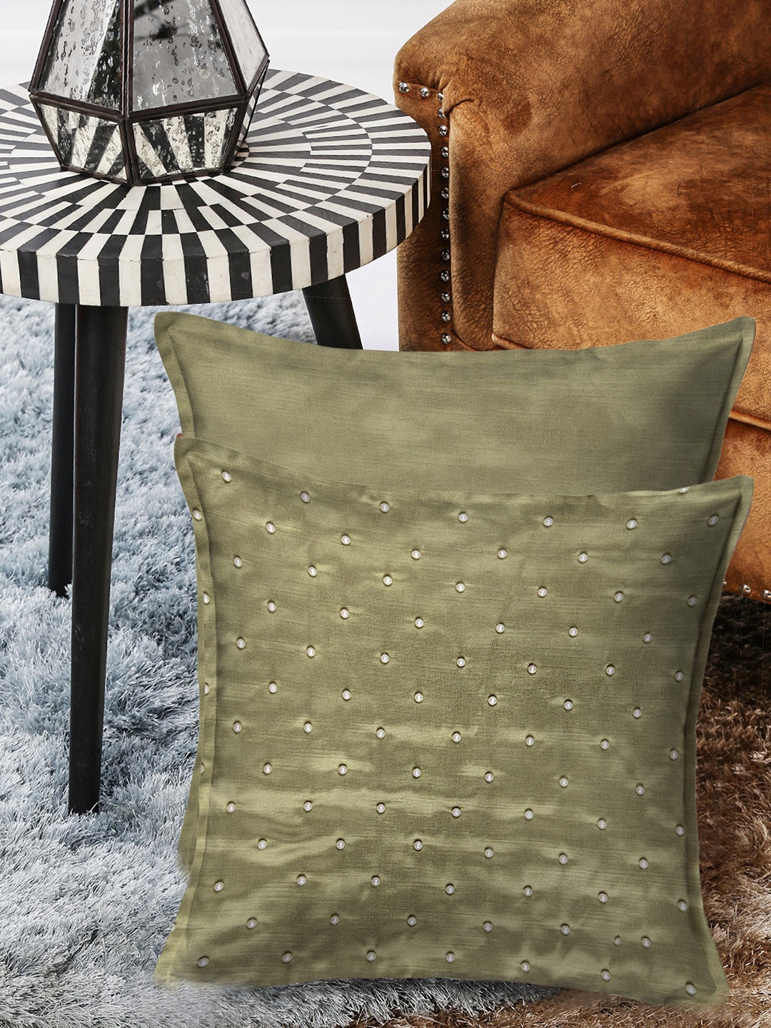 HOUZZCODE Green Set of 2 Embellished Square Cushion Covers