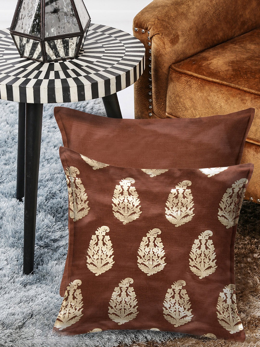 

HOUZZCODE Set of 2 Ethnic Motifs Square Cushion Covers, Brown