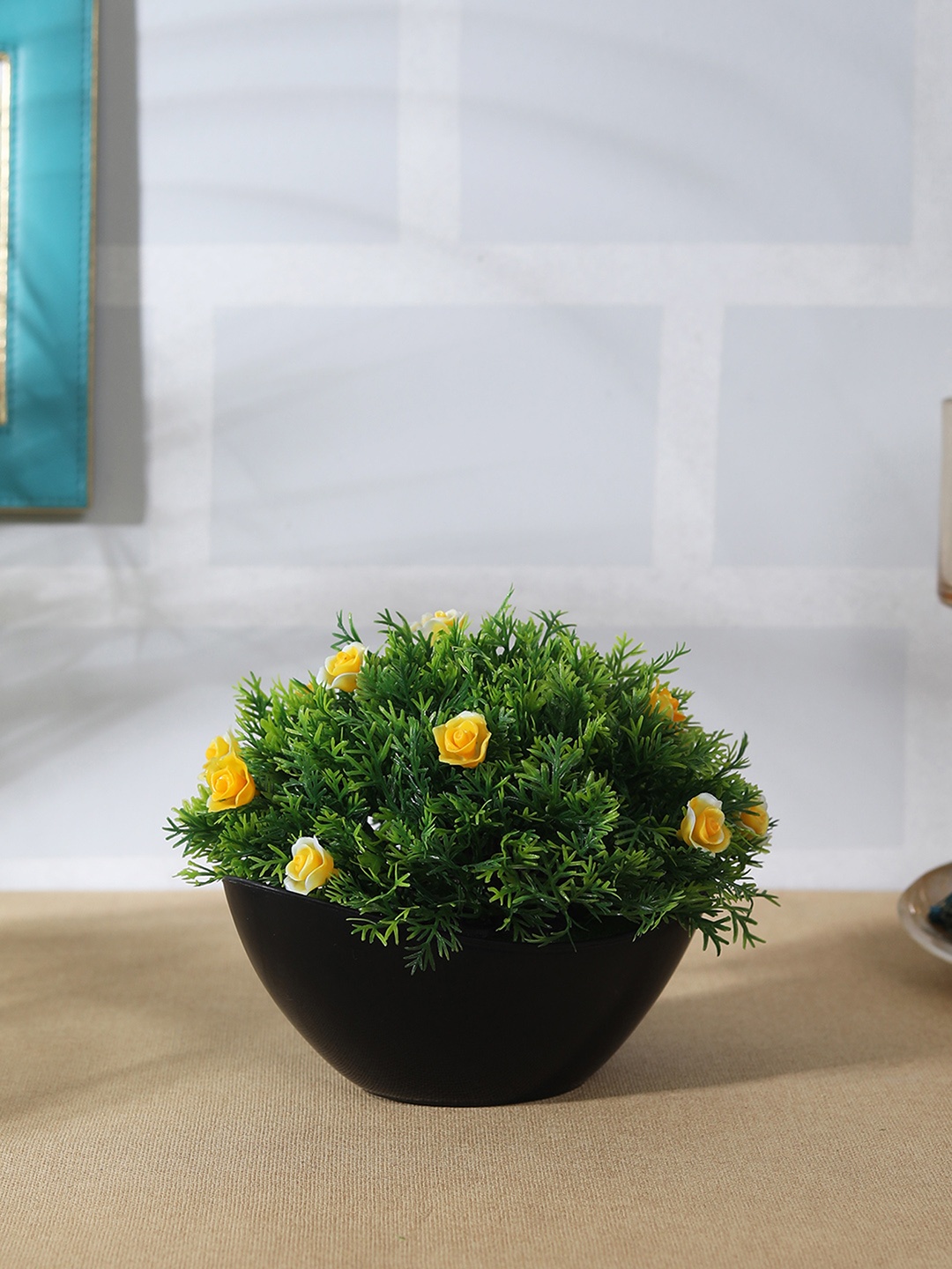 FOLIYAJ Green & Yellow Artificial Plant with Black Pot