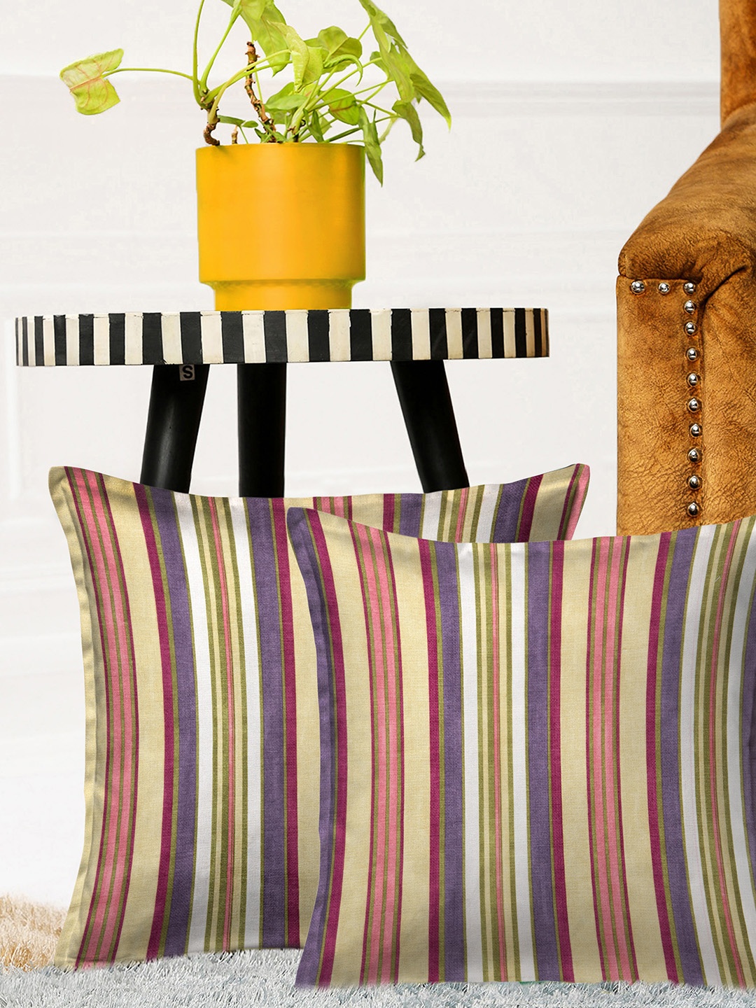 HOUZZCODE Set of 2 Striped Square Cushion Covers, Multi