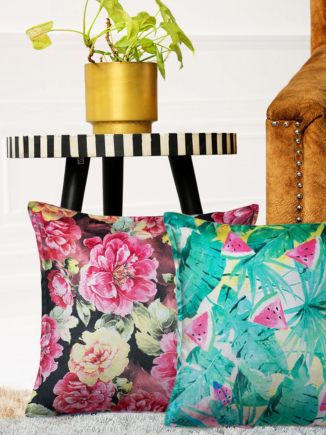 

HOUZZCODE Sea Green & Pink Set of 2 Floral Square Cushion Covers