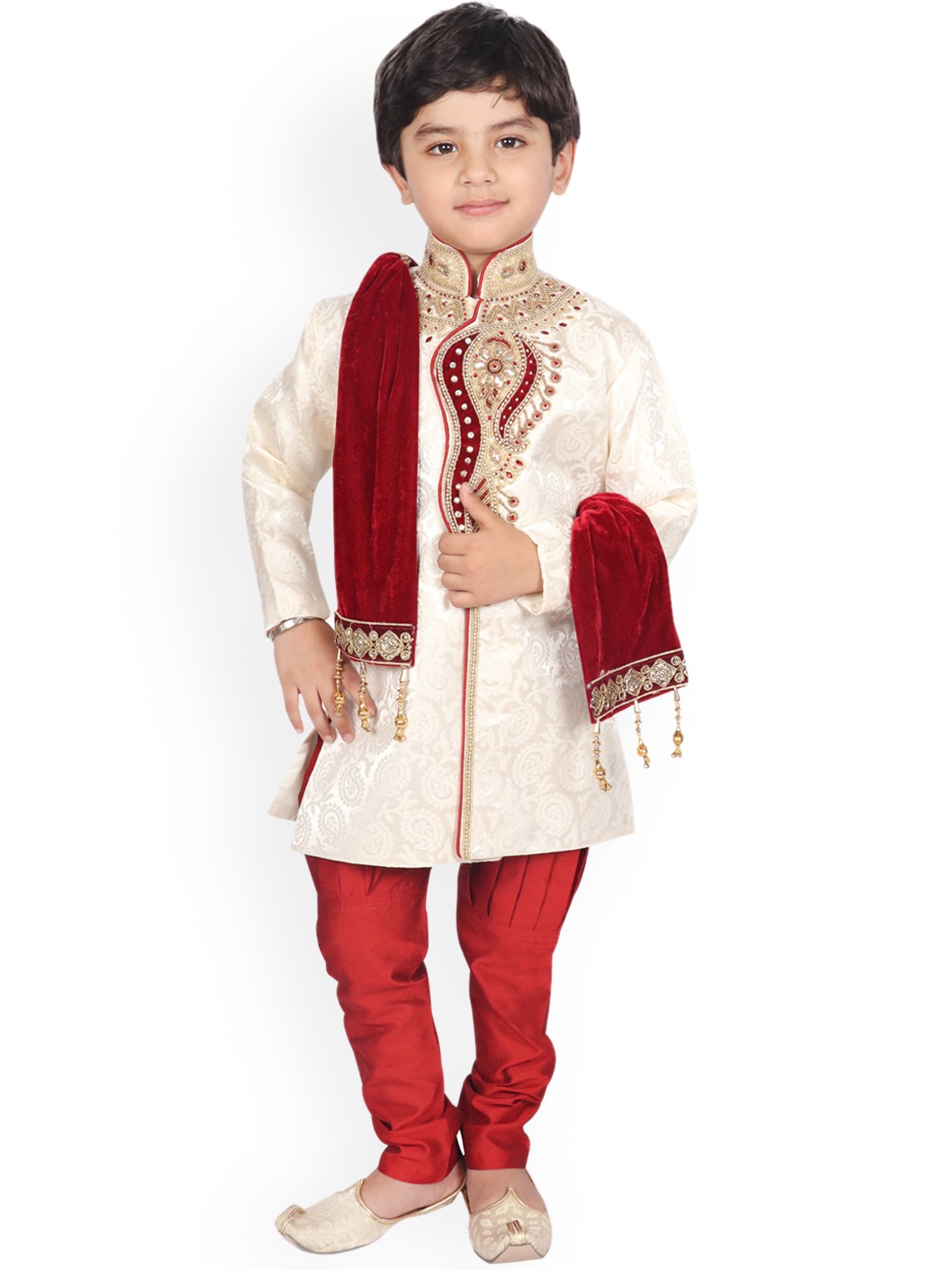 

SG YUVRAJ SHERWANI Boys Cream-Coloured & Red Sherwani Set