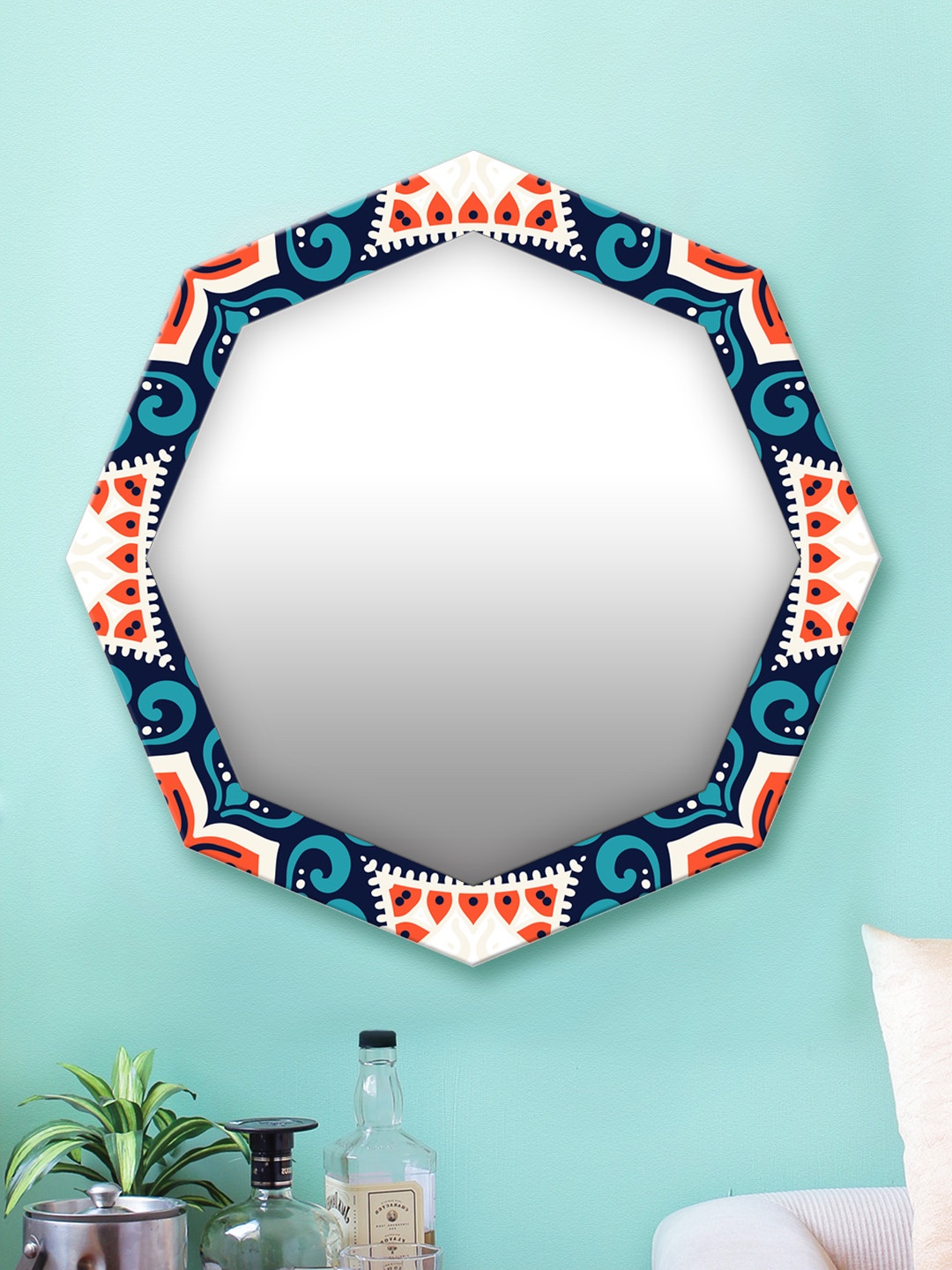 

999Store Blue & White Printed MDF Wall Mirror
