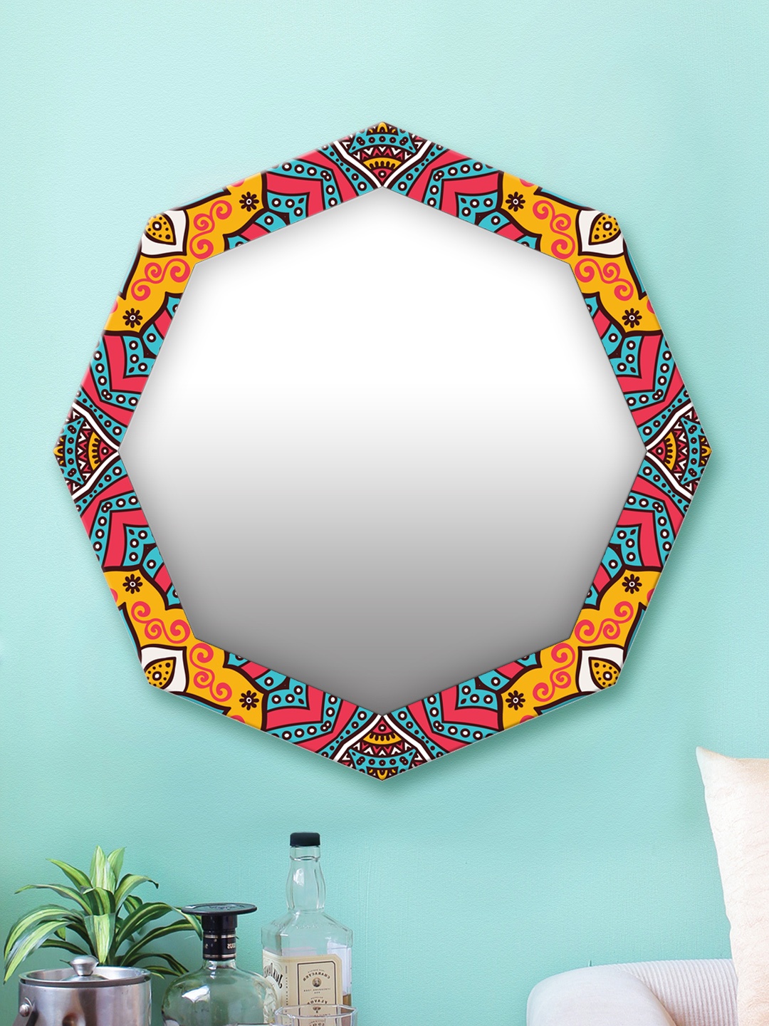 

999Store Yellow & Blue Printed MDF Wall Mirror
