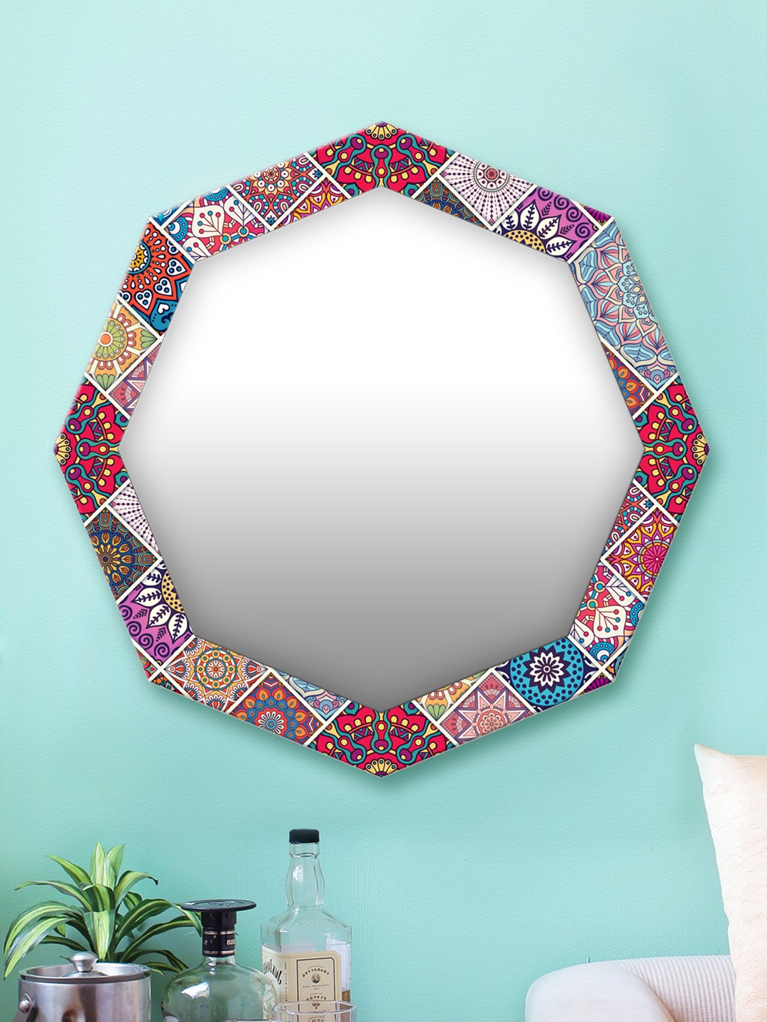

999Store Multicoloured Printed MDF Wall Mirror, Multi