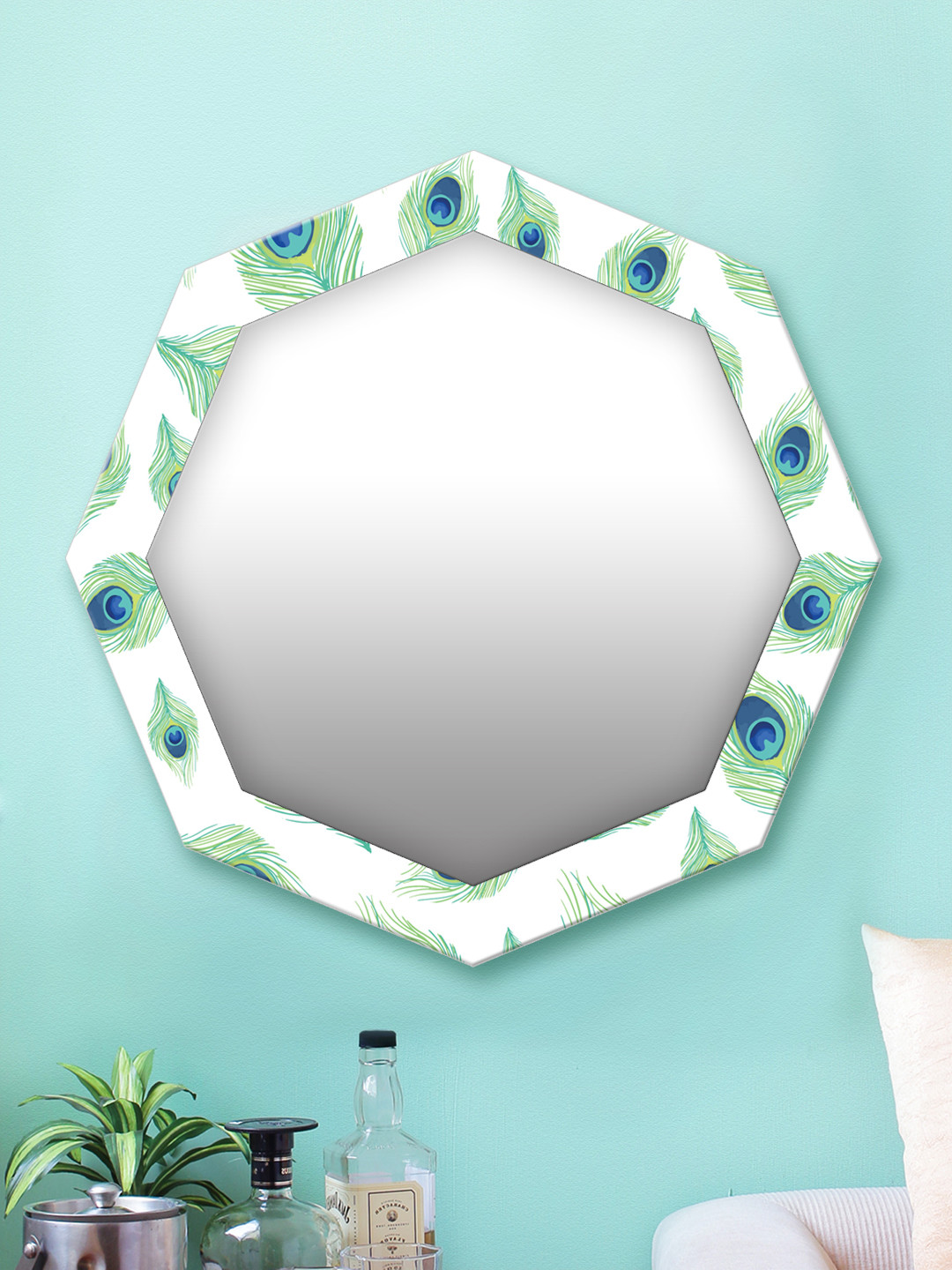

999Store White & Green Printed MDF Wall Mirror