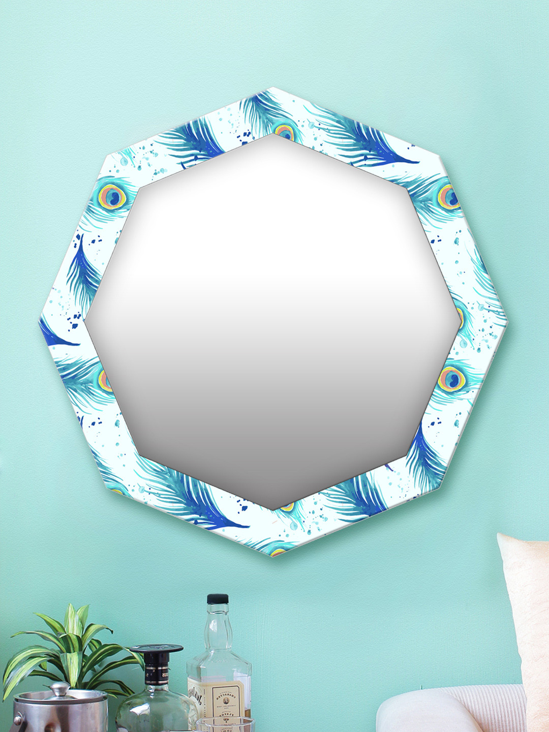 

999Store White & Blue Printed MDF Wall Mirror