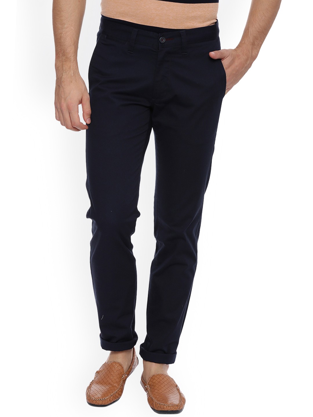 

Basics Men Navy Blue Tapered Fit Solid Chinos