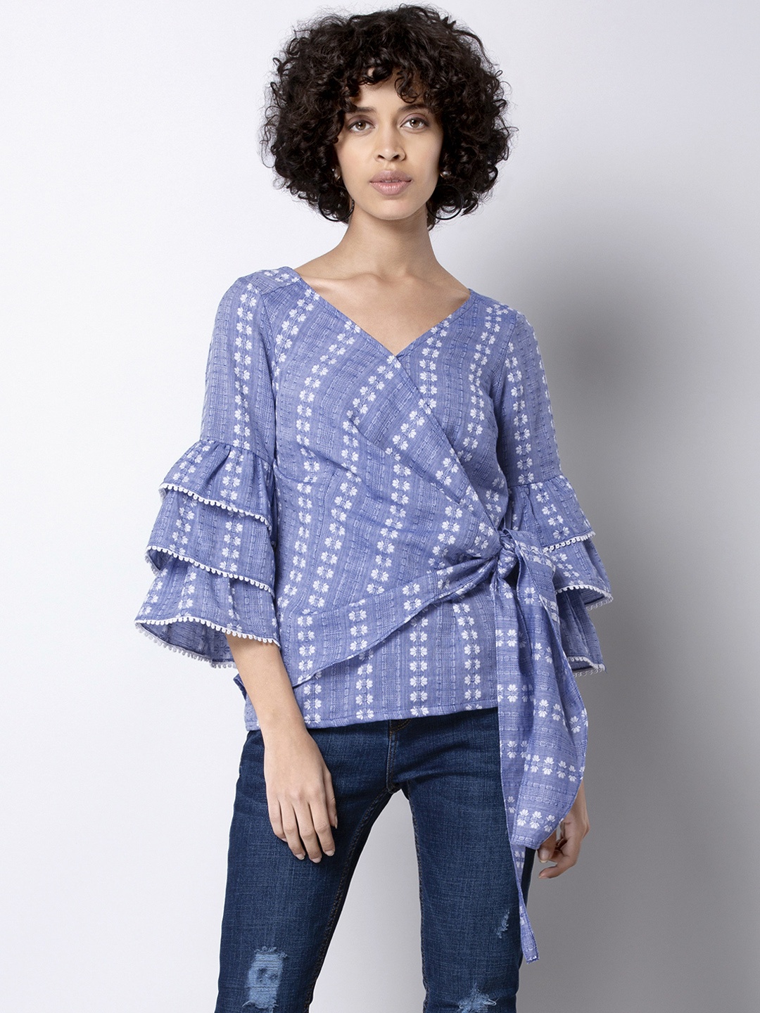 

FabAlley Women Blue Self Design Wrap Top