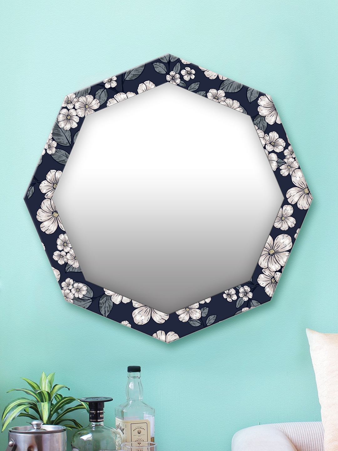 

999Store White & Navy Blue Printed MDF Wall Mirror