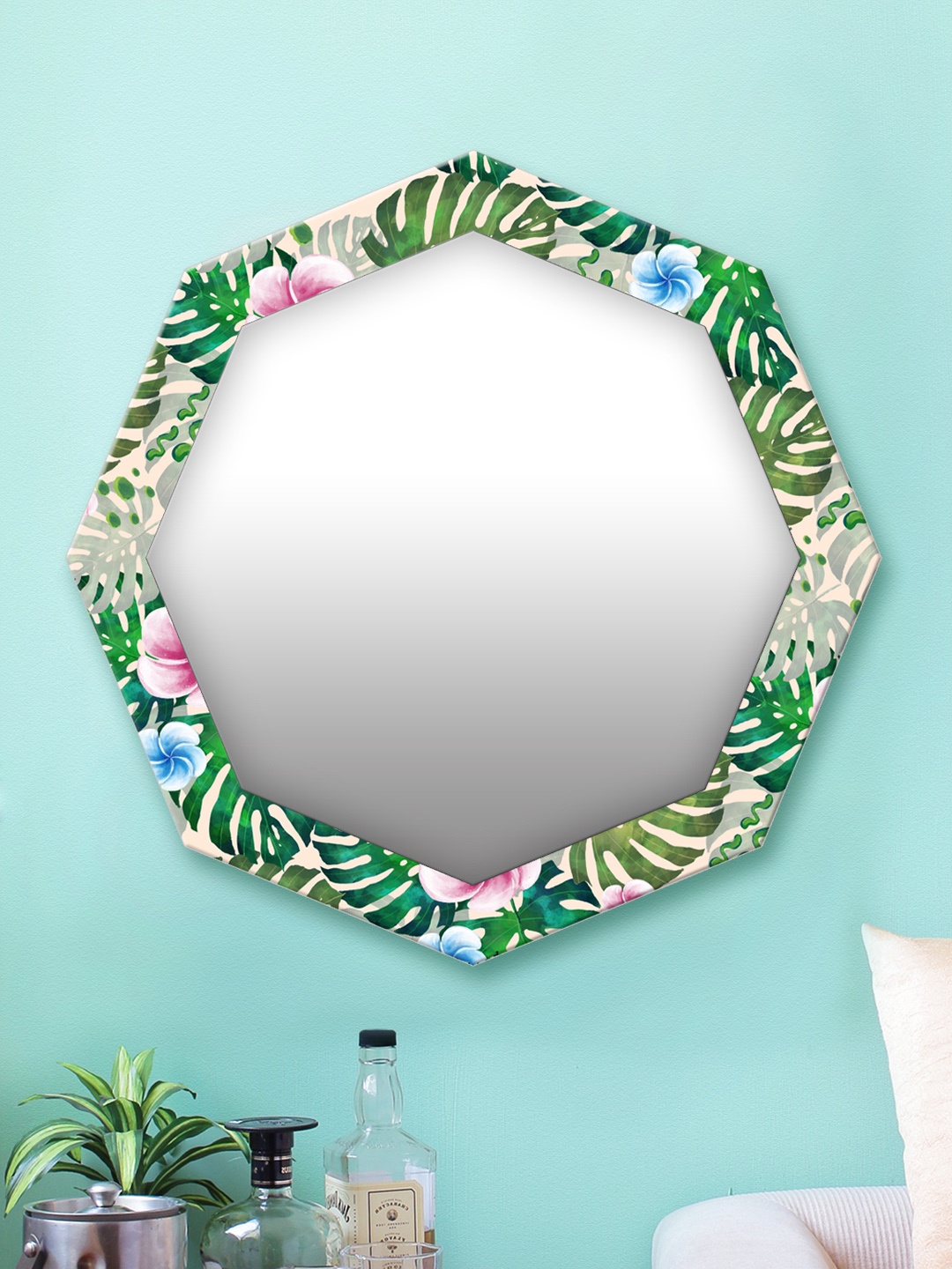 

999Store Green & White Printed MDF Wall Mirror