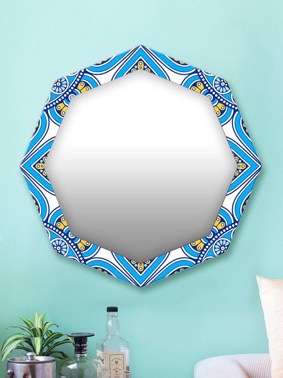 

999Store Blue & White Printed MDF Wall Mirror