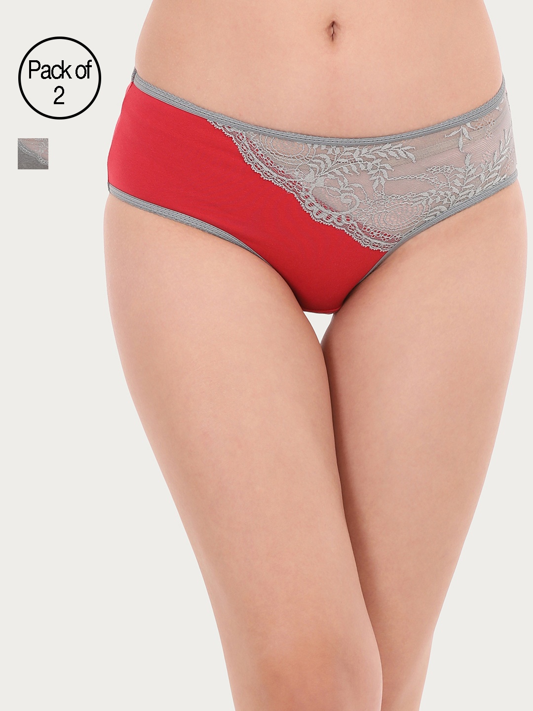 

Clovia Women Pack of 2 Lace Hipster Briefs COMPNC621XL, Red