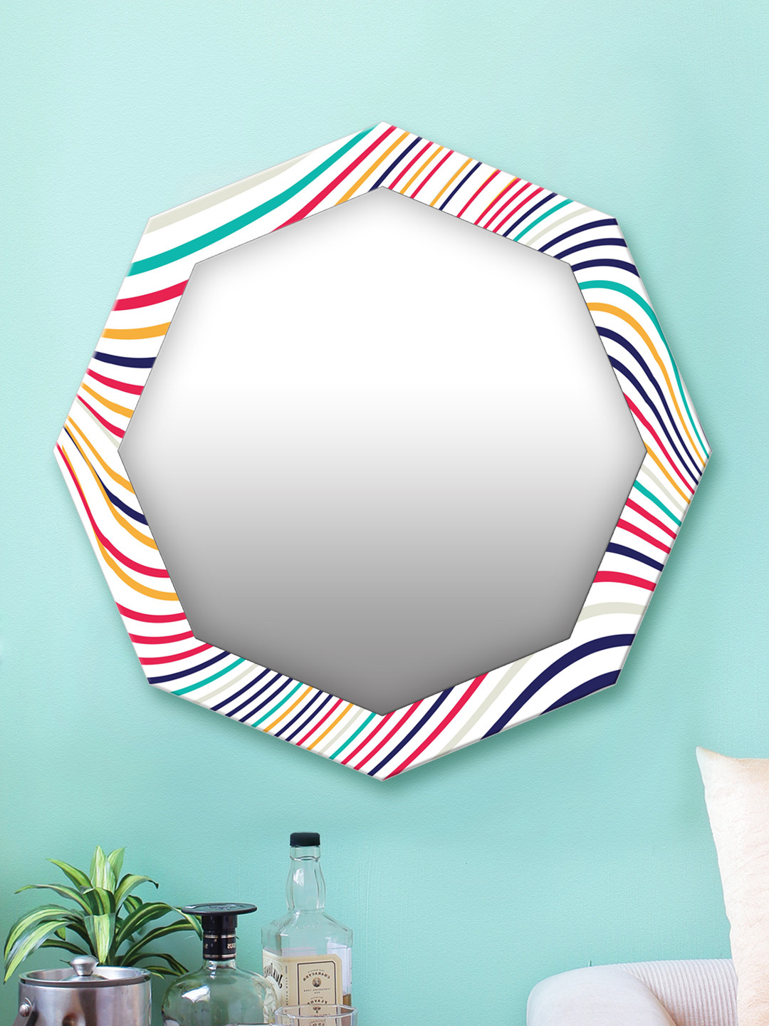 

999Store White & Multicoloured Printed MDF Wall Mirror