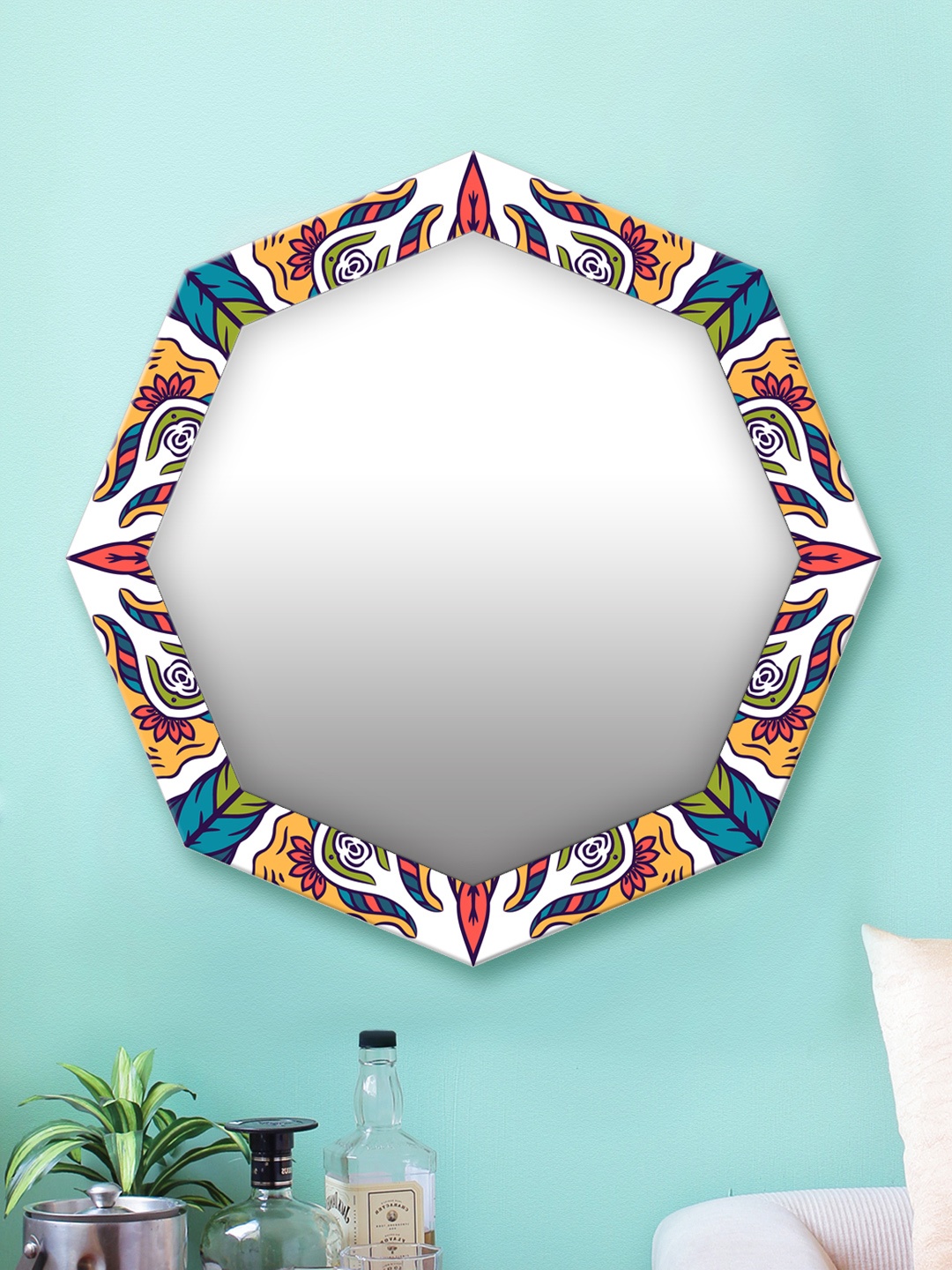 

999Store Multicoloured Printed MDF Wall Mirror, Multi