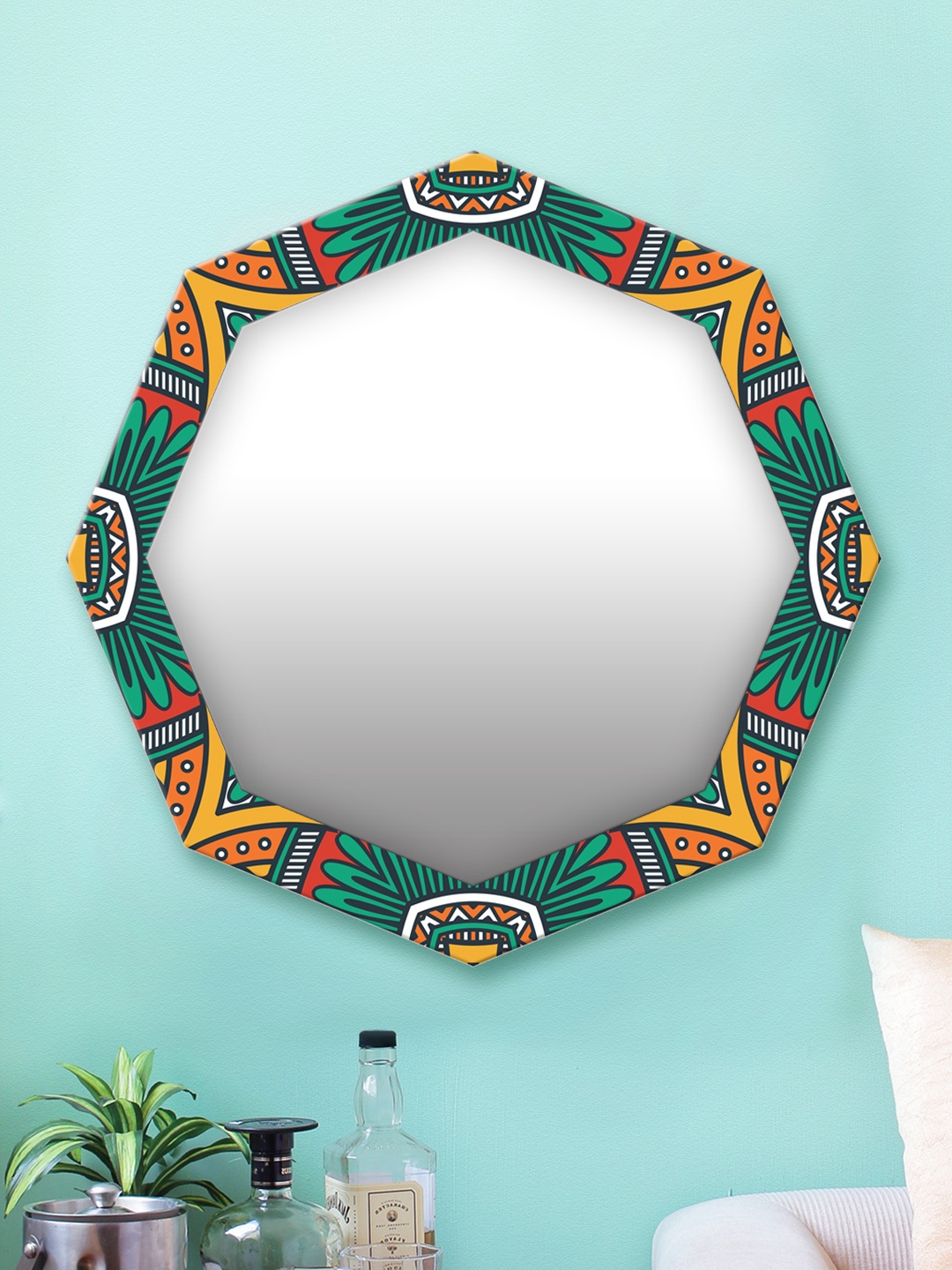 

999Store Green & Yellow Printed MDF Wall Mirror