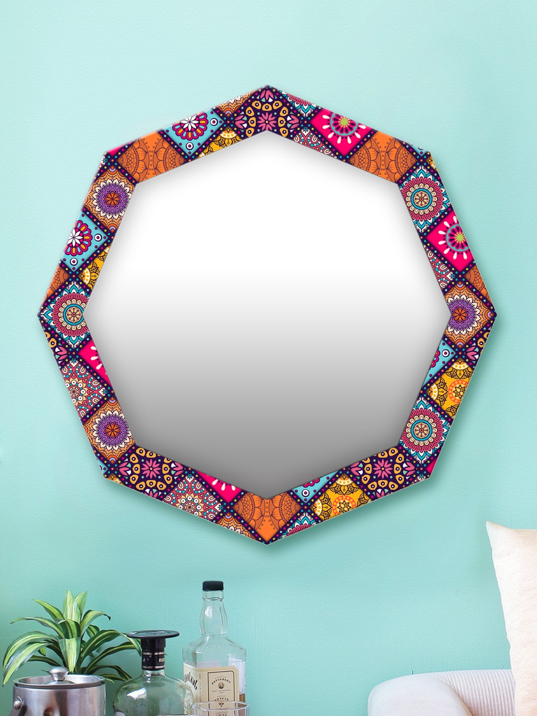 

999Store Multicoloured Printed MDF Wall Mirror, Multi
