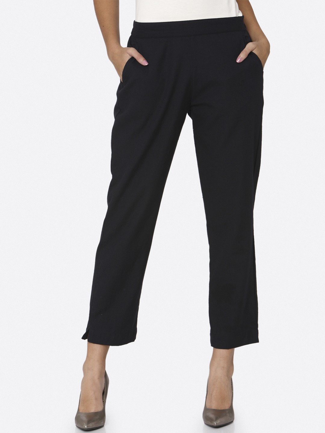 

RAISIN Women Navy Blue Regular Fit Solid Regular Trousers