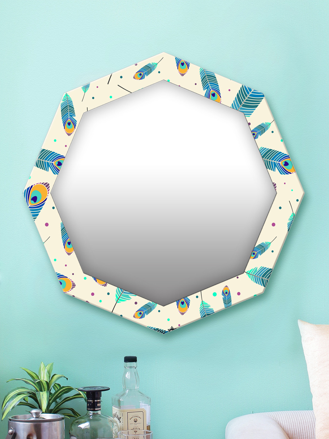 

999Store Blue & White Printed MDF Wall Mirror