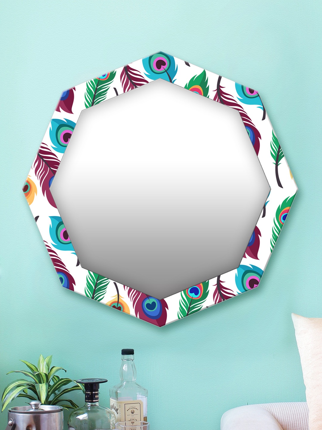 

999Store White & Multicoloured Printed MDF Wall Mirror