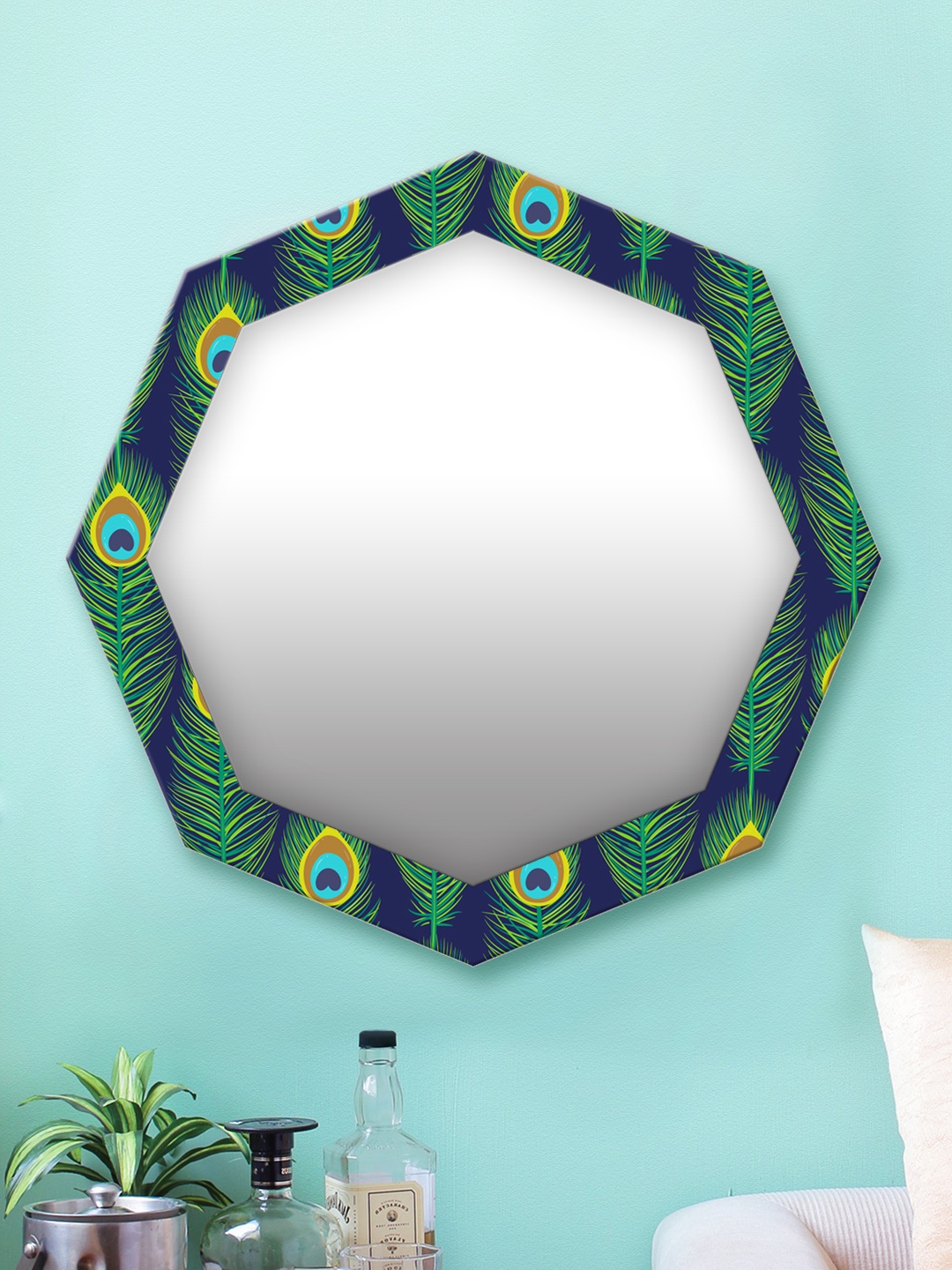 

999Store Green & Blue Printed MDF Wall Mirror