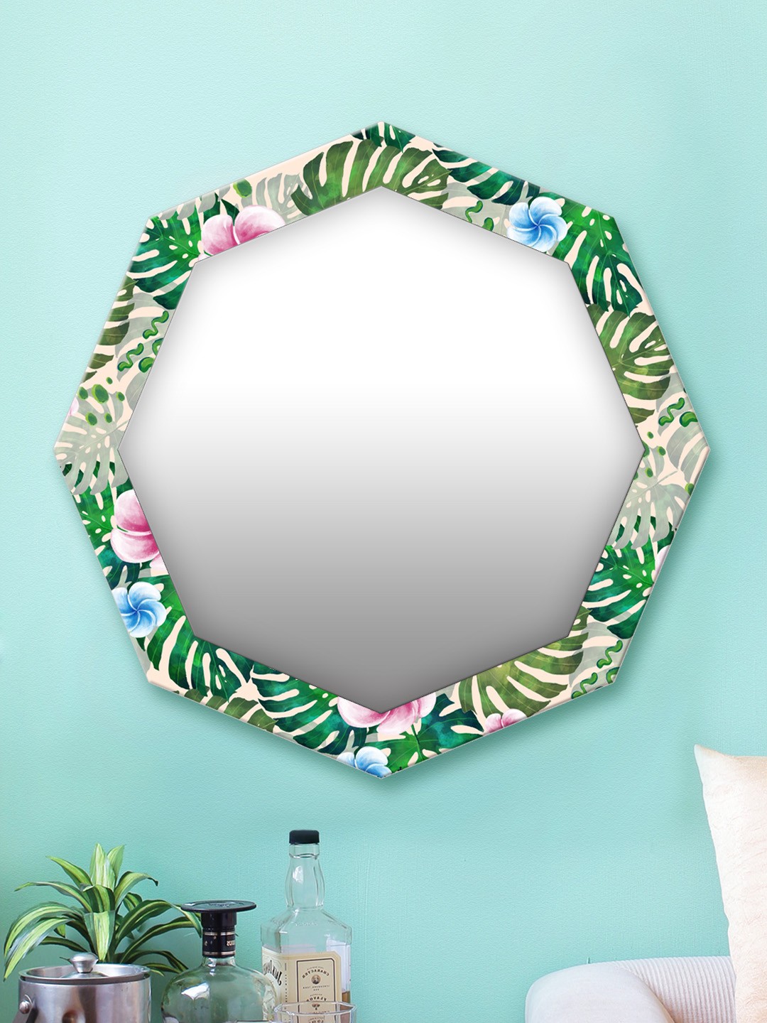 

999Store Green & White Printed MDF Wall Mirror